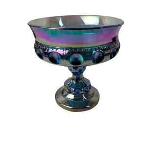 VTG Indiana Iridescent blue carnival glass Kings Crown pedestal open candy dish